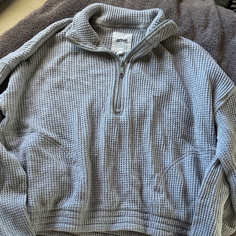 Aerie Zip-Up Waffle Knit Sweater in Light Gray